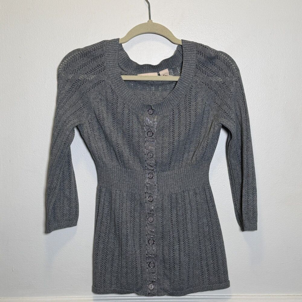 DKNY Jeans Y2K Pointelle Knit Cardigan Sweater Gray Button Front Boho